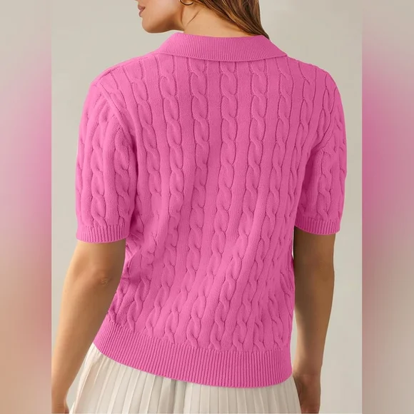 🌺Short Sleeve Polo V Neck Cable Knit Soft Pullover Sweater 🌺 - Picture 6 of 9